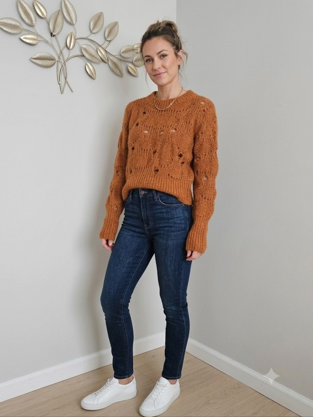 H&M Wool Chunky Distressed Crewneck Sweater in Rust Orange Size M